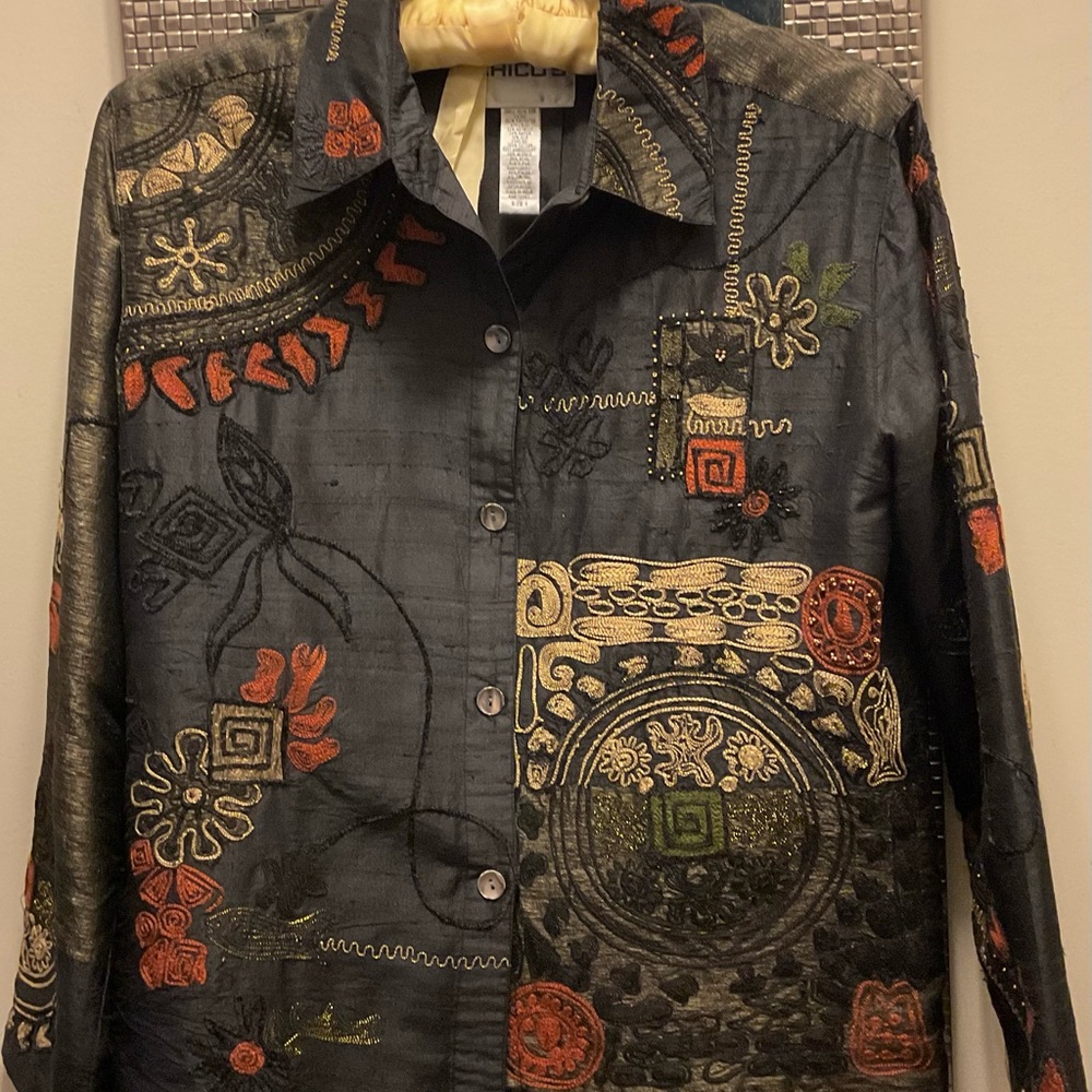 Chico's Black and Gold Patterned Womens Jacket